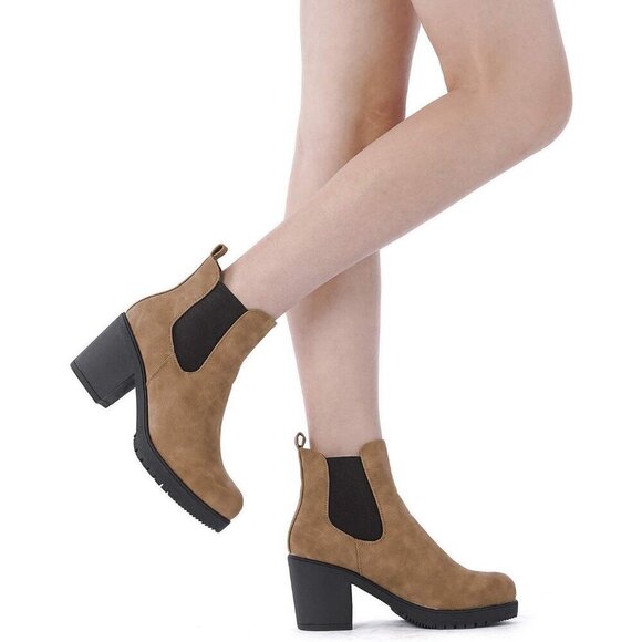 DREAM PAIRS Women's High Chunky Heel Camel Faux Leather Ankle Boots - Picture 7 of 8